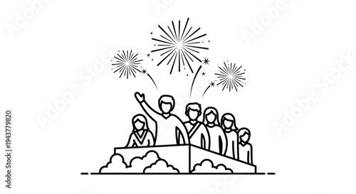 Celebration leader waving hand with fireworks above a crowd on a podium