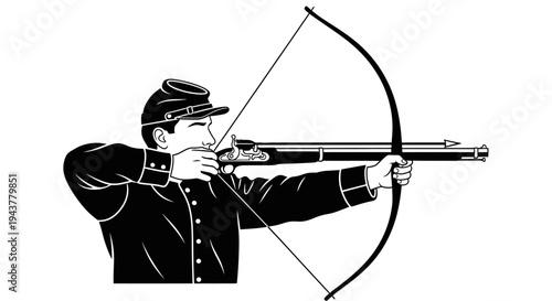 Civil War Soldier Aiming Rifle and Bow, Historical Reenactment, Vintage Combat
