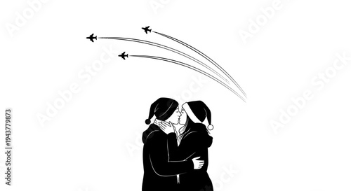 Couple kissing in santa hats with airplanes leaving trails in the sky