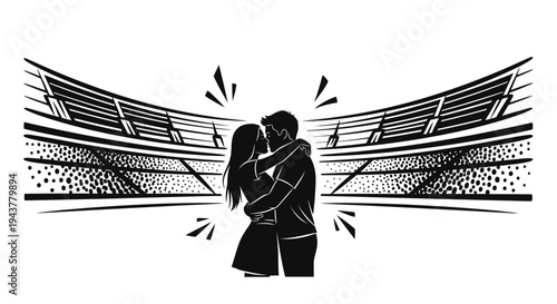 Couple kissing passionately at stadium event, romantic moment, love celebration