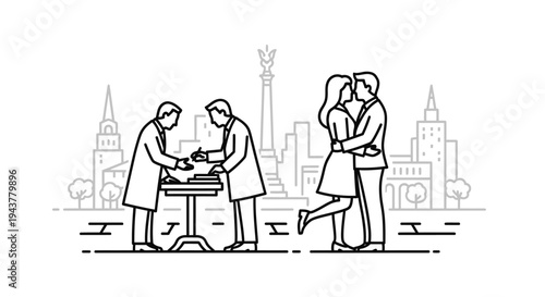 Couple kissing and signing contract in city skyline background