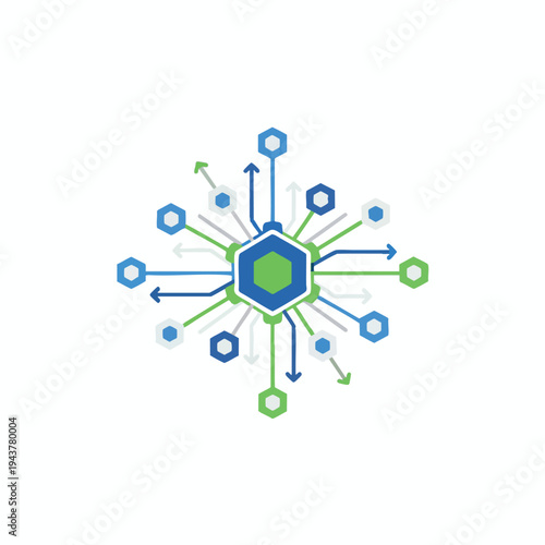 Abstract hexagonal network structure with radiating lines and arrows