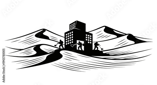 Deserted Office Building in Sand Dunes with Silhouetted Workers