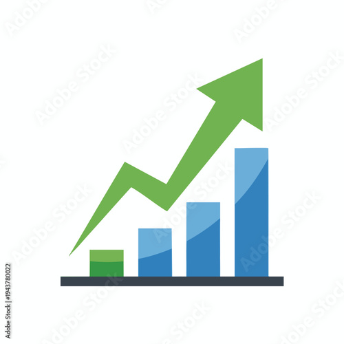Green arrow graph indicates upward trend over blue bars