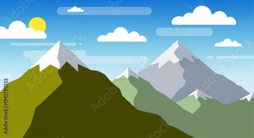 Scenic Mountain Landscape with Snow-Capped Peaks and Green Slopes.