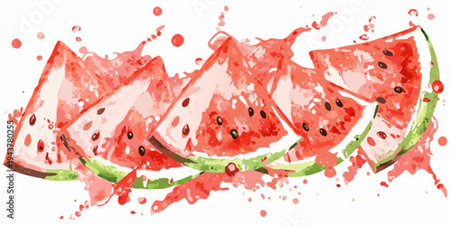 Watercolor painting of vibrant watermelon slices with scattered seeds