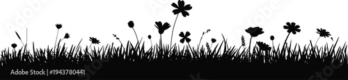 Black silhouette illustration of wildflowers and grasses in dense field, showcasing natural diversity, botanical detail, organic textures, and nature-inspired design elements for creative projects.
