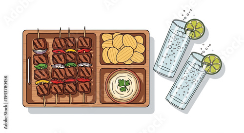 Vector illustration of skewered meat, chips, and dip with refreshing drinks