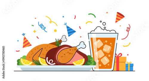 Vector illustration of roasted turkey with drink and party decorations