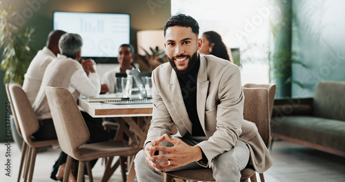 Photos Business, portrait and smile of financial man in office boardroom for development or meeting