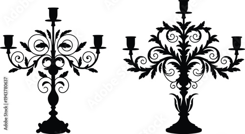 Black silhouette illustration of ornate candelabras with three candle holders, decorated with swirling vines and leaves, showcasing classical elegance, decorative design, and vintage artistry.