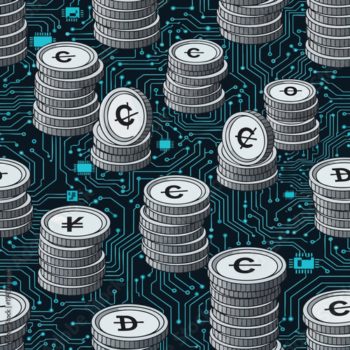 Stacks of coins with currency symbols on a digital circuit board background