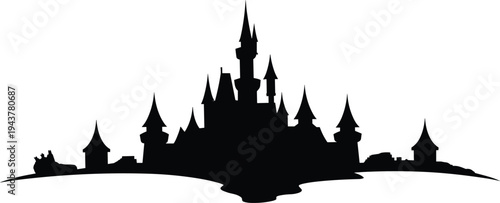 Black silhouette illustration of ornate castle with spires and turrets, symbolizing fantasy architecture, fairy-tale themes, magical storytelling, and imaginative design elements.