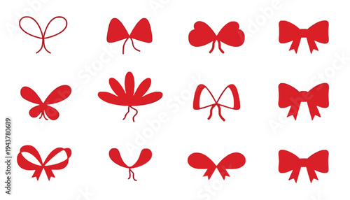 A set of red bow tie icons and illustrations on white background