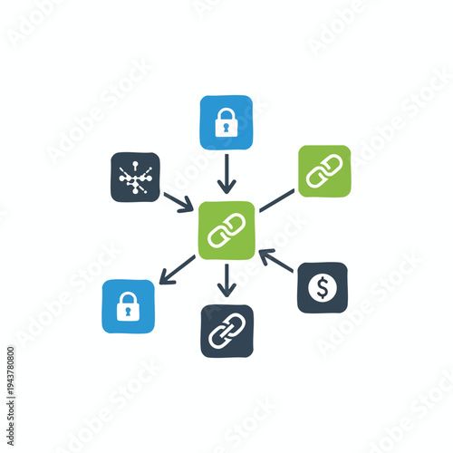 Central icon links to related icons data, chain, locks, and money