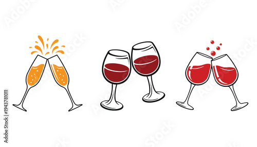 A wine glass icon set with champagne and red wine illustrations