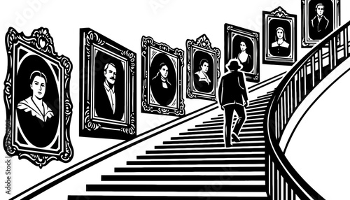 A person walking up a staircase with framed portraits on the wall