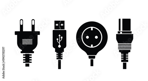 Various power and data connectors displayed as a black silhouette