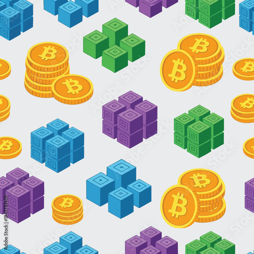 Seamless pattern of isometric cryptocurrency coins and blocks
