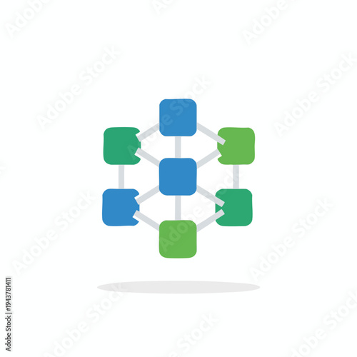 Abstract network of interconnected blue and green cubes with grey lines