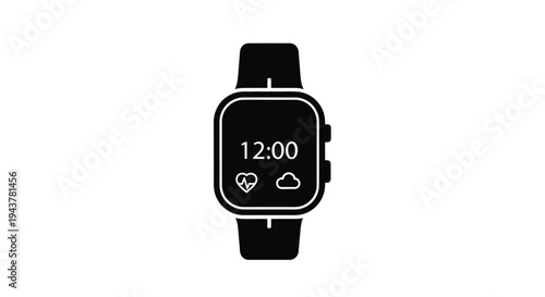 Black smartwatch displaying time and health icons a stark silhouette