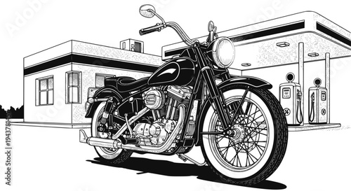 Vintage motorcycle vector silhouette. Classic motorcycle with gas station. Transparent background SVG version.
