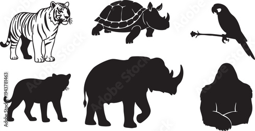 Black and white animal silhouettes on white background tiger