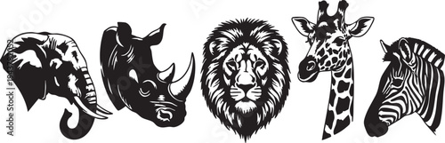 Black and white silhouette animal heads elephant rhinoceros lion giraffe zebra