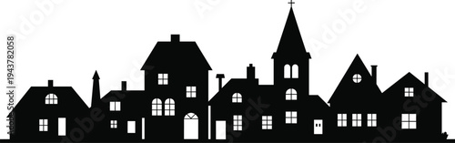 Black silhouette illustration of village skyline with houses, church steeple, chimneys, and pitched roofs, symbolizing rural architecture, small-town lifestyle, and decorative design elements.