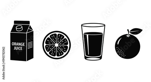 Four beverage and fruit icons in a stark black silhouette