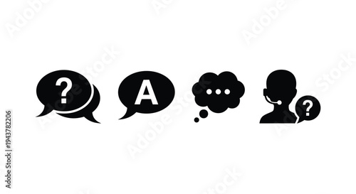 Communication icons featuring question marks speech bubbles and a head silhouette