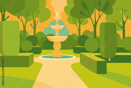 beautiful fountain and bush tree decoration park garden nature view background flat color vector illustration template design