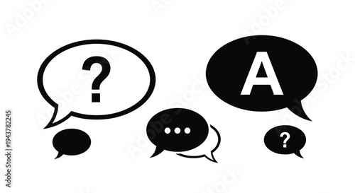 Black speech bubbles with a question mark and letter a silhouette