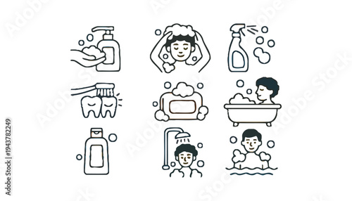 Shower icon set with various hygiene and bathing illustrations