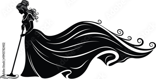 Elegant Woman in Flowing Ball Gown Silhouette Mopping Floor Professional Cleaning Service Concept Vector Illustration for Domestic Housekeeping and Luxury Branding