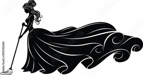 Elegant woman silhouette in flowing gown cleaning with mop representing luxury home services professional housekeeping empowerment grace and domestic duty artistic.