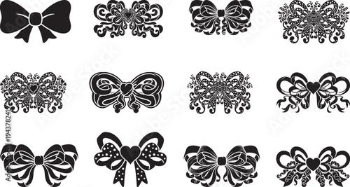 Elegant black bow ribbon glyph icons set – packaging, invitation, gift wrap, wedding and holiday decoration vector