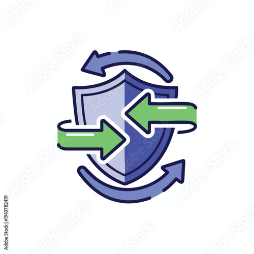 Blue shield icon with green arrows indicating exchange or protection