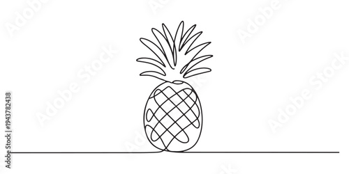 one continuous drawn line of pineapple drawn from the hand a picture of the silhouette. Line art. tropical fruit pineapple, Single continuous line drawing whole healthy pineapple organic for orchard
