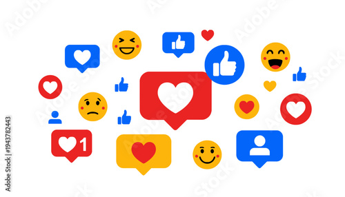 A colorful collection of social media icons and emojis on a white background