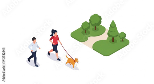 Couple walking dog in park.