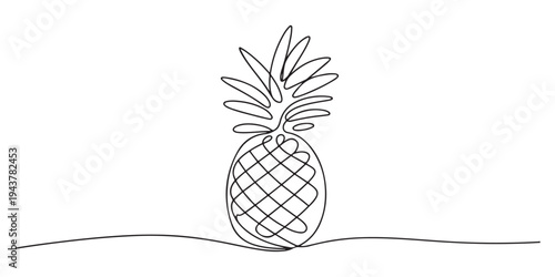 one continuous drawn line of pineapple drawn from the hand a picture of the silhouette. Line art. tropical fruit pineapple, Single continuous line drawing whole healthy pineapple organic for orchard