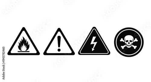Four warning signs depict danger fire caution electricity and poison silhouette