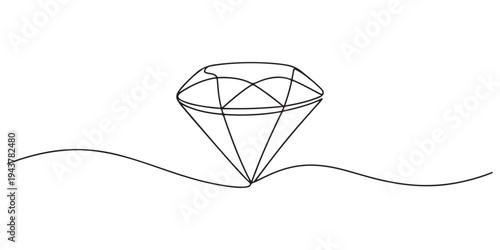 Continuous one line drawing of diamond. One line drawing illustration of diamond jewellery, Diamond one line drawing. Gem symbol continuous line illustration isolated on white background.