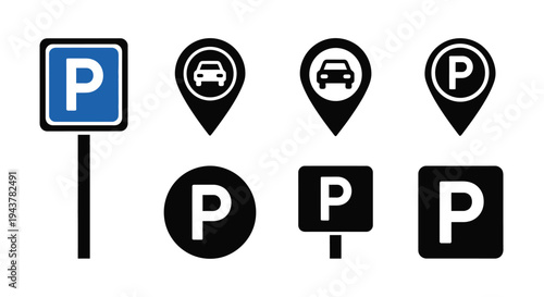 Various parking signs and location markers in a black and white silhouette
