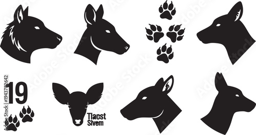 Black silhouette animal heads and paw prints on white background animal silhouettes black and white