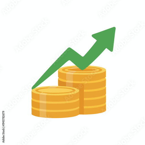 Stacks of golden coins with a green upward trending arrow