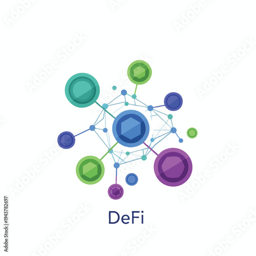 Decentralized finance concept interconnected nodes and circles on white. DeFi