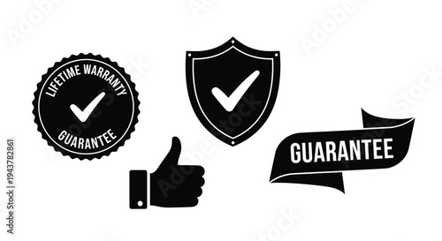 Warranty badges and a thumbs up represented as a silhouette