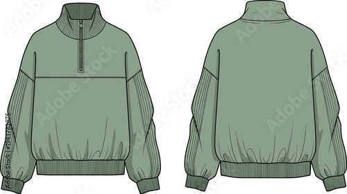 Sage Green Women Quarter Zip Oversized Sweatshirt Technical Fashion Illustration Vector Flat Sketch Front and Back View Mockup Clothing Template.